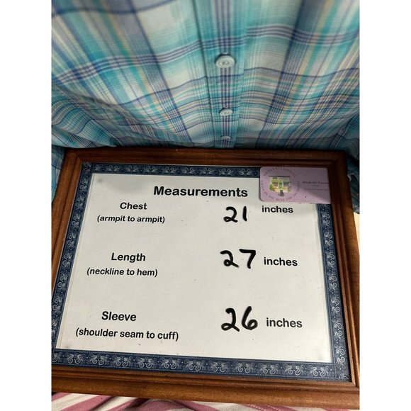 Duluth Trading Co women's size L blue aqua plaid zip pockets nylon button top - Picture 6 of 6